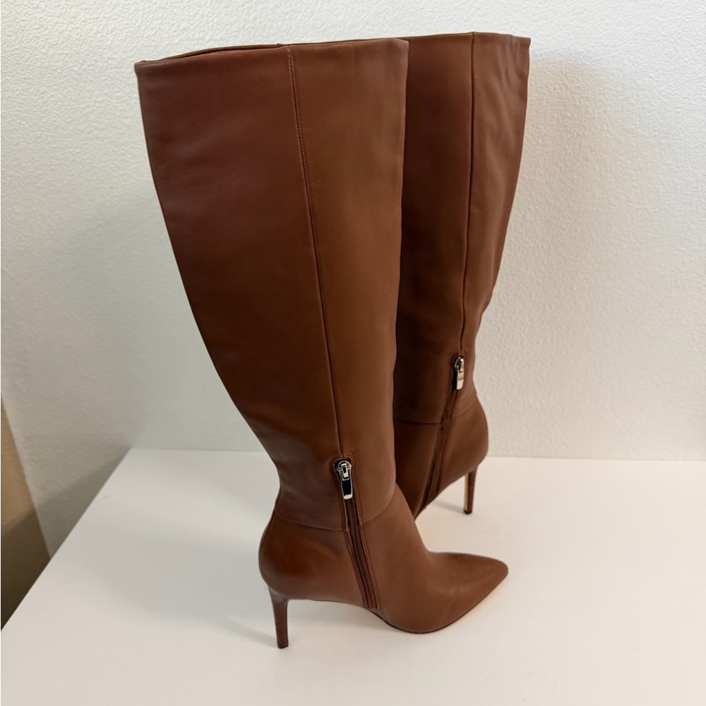 Nine West Women's Richy Knee High Boot Pointed Toe 2.5” Heel Leather Croc Brown - Picture 7 of 9